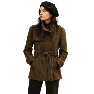 Vintage Brown Wool Double-Breasted Brown Trench Coat